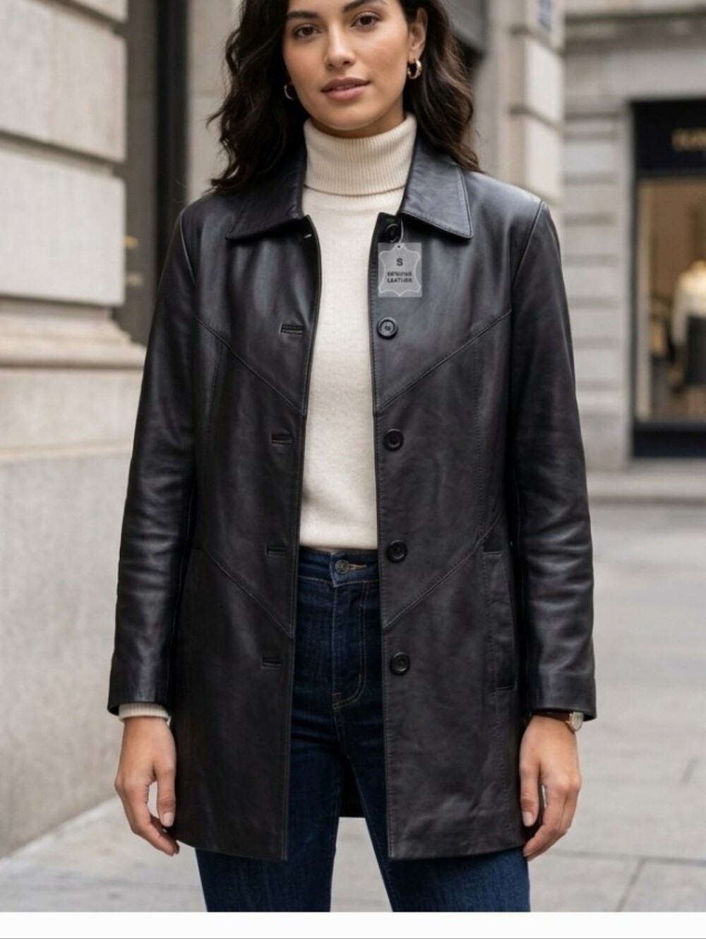 CHARLES KLEIN.. VTG 90s Black Leather Button-Front Coat - Classic Women’s Jacket